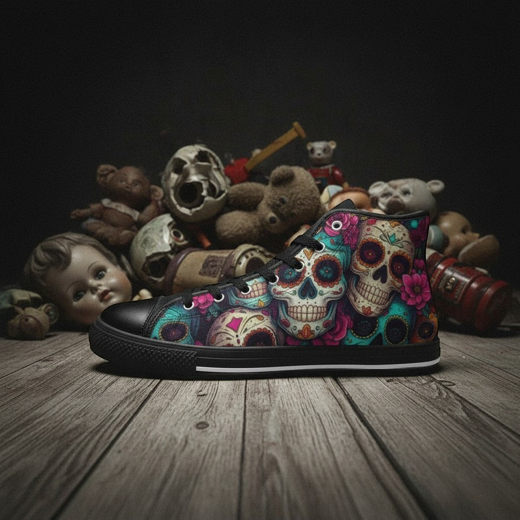 Freaky Shoes® men's high-top canvas sneakers featuring a vibrant, colorful sugar skull and floral dark art print.