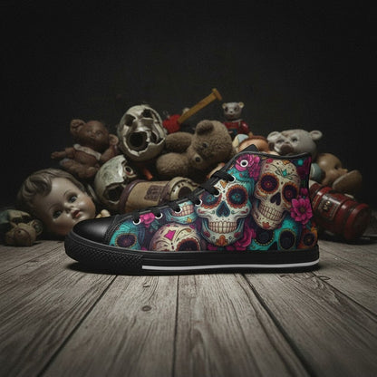 Freaky Shoes® men's high-top canvas sneakers featuring a vibrant, colorful sugar skull and floral dark art print.