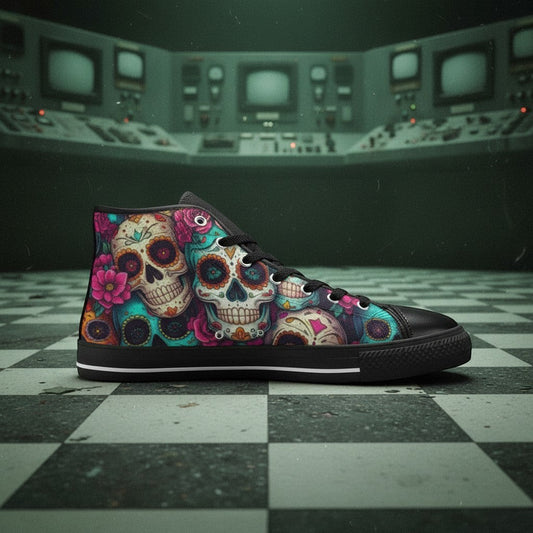 Freaky Shoes® women's high-top canvas sneakers featuring a vibrant, colorful sugar skull and floral art print.