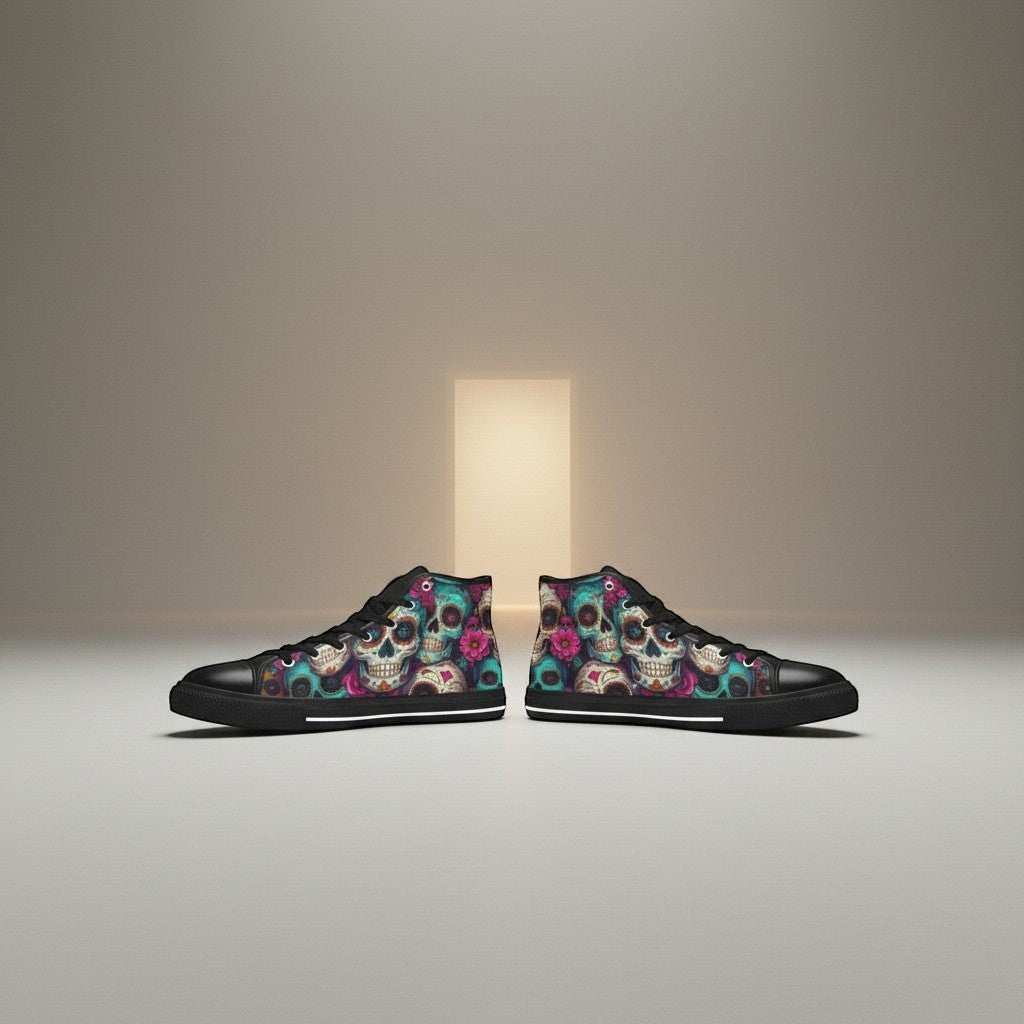 Freaky Shoes® women's high-top canvas sneakers featuring a vibrant, colorful sugar skull dark art print.