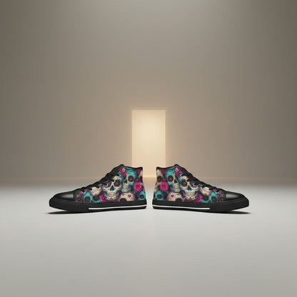 Freaky Shoes® women's high-top canvas sneakers featuring a vibrant, colorful sugar skull dark art print.