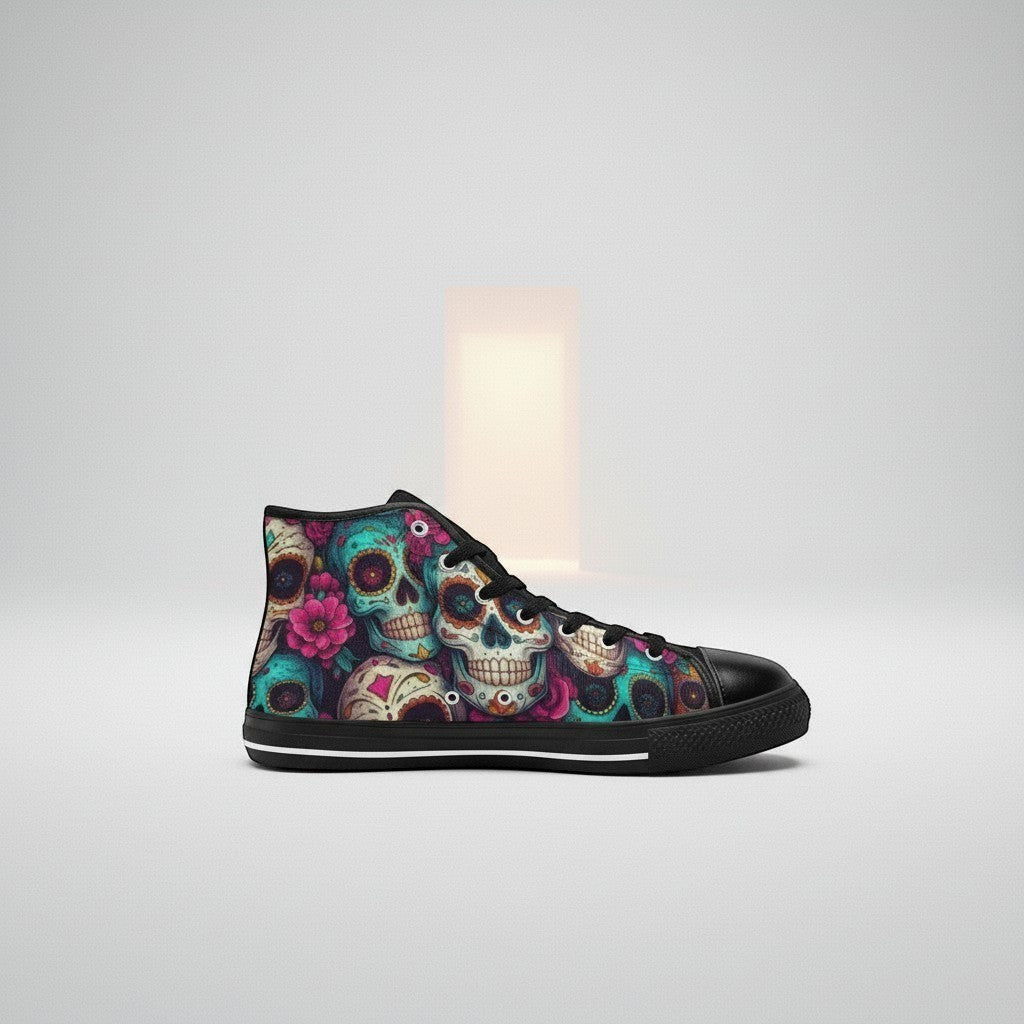Freaky Shoes® women's high-top canvas sneakers featuring a vibrant, colorful sugar skull dark art print.