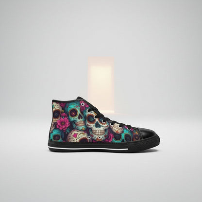 Freaky Shoes® women's high-top canvas sneakers featuring a vibrant, colorful sugar skull dark art print.