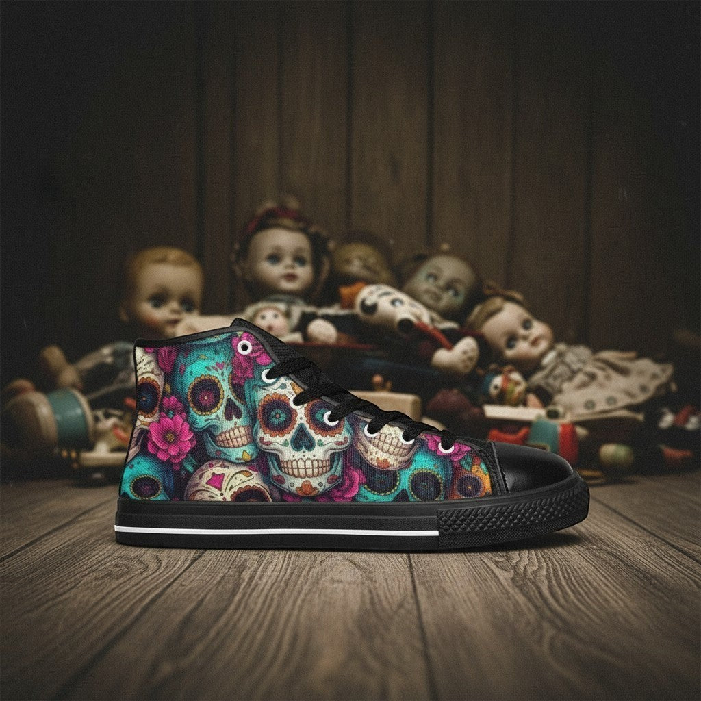 Freaky Shoes® men's high-top canvas sneakers featuring a vibrant, colorful sugar skull dark art print.