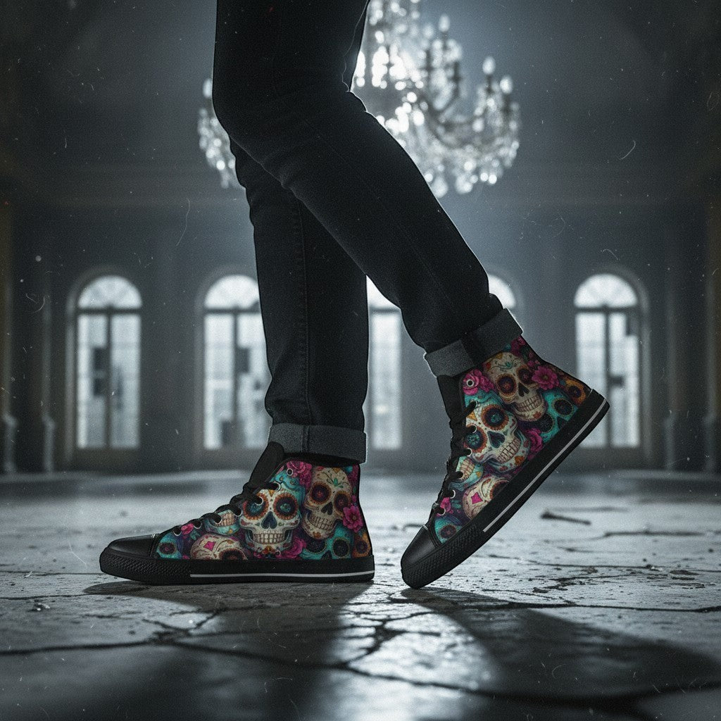 Freaky Shoes® men's high-top canvas sneakers featuring a vibrant, colorful sugar skull dark art print.