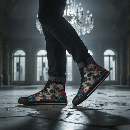 Freaky Shoes® men's high-top canvas sneakers featuring a vibrant, colorful sugar skull dark art print.