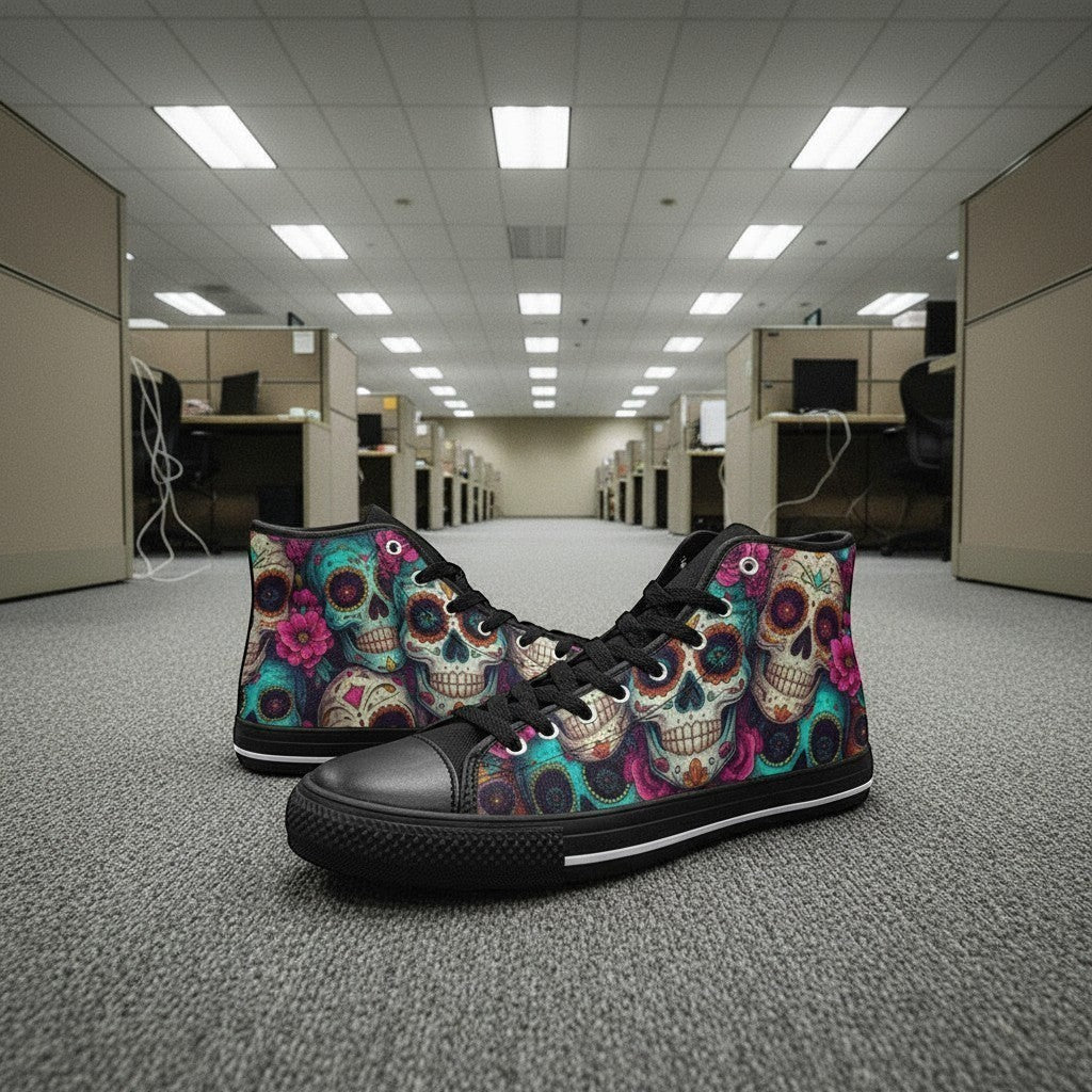 Freaky Shoes® high-top canvas sneakers featuring a vibrant, multi-colored sugar skull dark art print in an office.