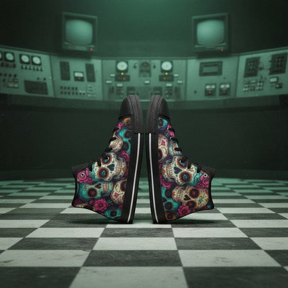 Freaky Shoes® women's high-top canvas sneakers featuring a vibrant, colorful sugar skull and floral dark art print.