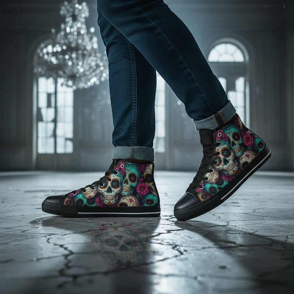 Freaky Shoes® men's high-top canvas sneakers featuring a vibrant, colorful sugar skull dark art print on a black base.