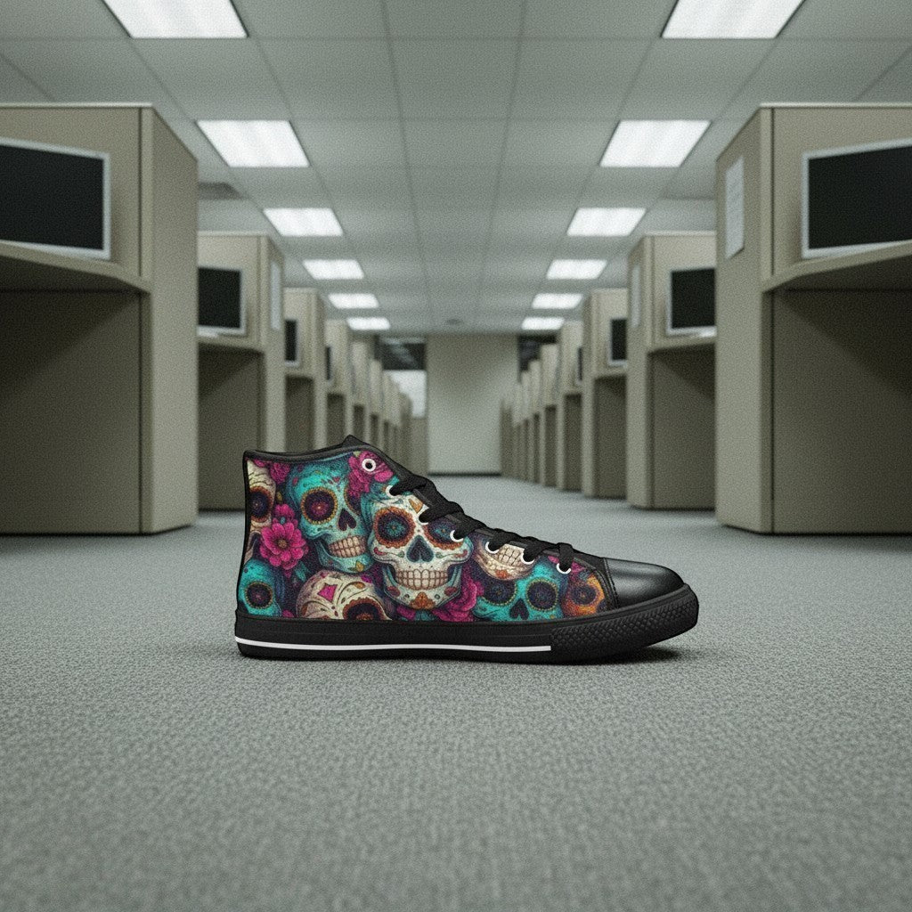 Freaky Shoes® men's high-top canvas sneakers featuring a vibrant, multi-colored sugar skull dark art print.