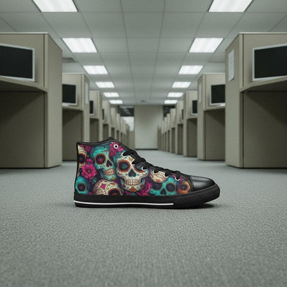 Freaky Shoes® men's high-top canvas sneakers featuring a vibrant, multi-colored sugar skull dark art print.