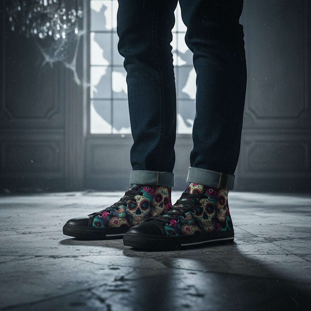 Freaky Shoes® men's high-top canvas sneakers featuring a vibrant, colorful sugar skull dark art print.