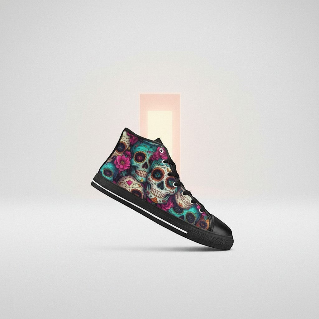 Freaky Shoes® women's high-top canvas sneakers featuring a vibrant, colorful sugar skull and floral dark art print.