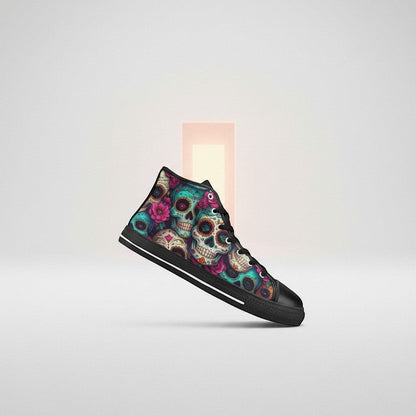 Freaky Shoes® women's high-top canvas sneakers featuring a vibrant, colorful sugar skull and floral dark art print.