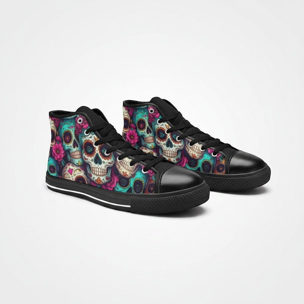Freaky Shoes® men's high-top canvas sneakers featuring a vibrant, multi-colored sugar skull dark art print.