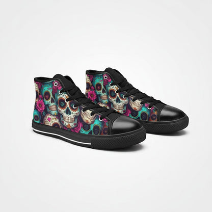 Freaky Shoes® men's high-top canvas sneakers featuring a vibrant, multi-colored sugar skull dark art print.