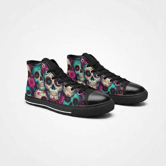 Freaky Shoes® men's high-top canvas sneakers featuring a vibrant, multi-colored sugar skull dark art print.