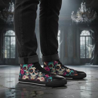 Freaky Shoes® men's high-top canvas sneakers featuring a vibrant, colorful sugar skull dark art print.