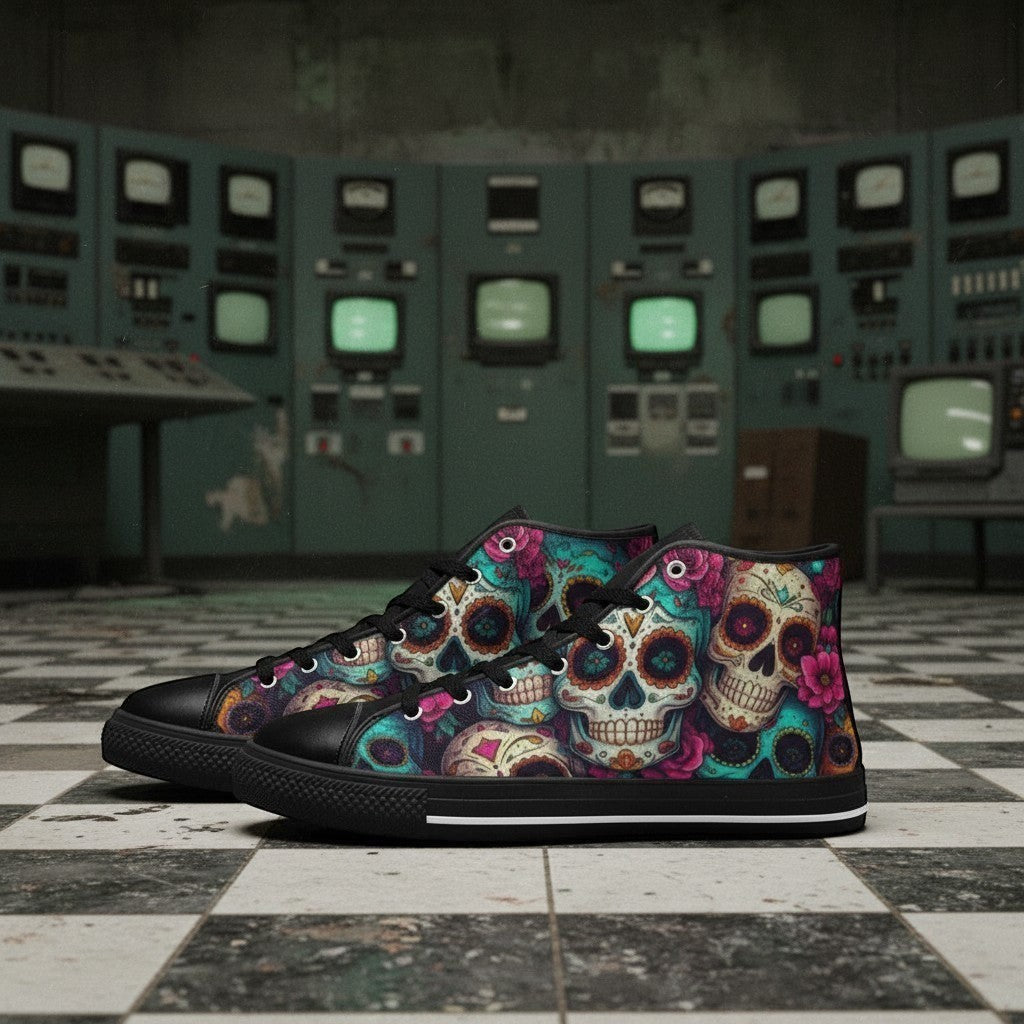 Freaky Shoes® women's high-top canvas sneakers featuring a vibrant sugar skull and floral dark art print.