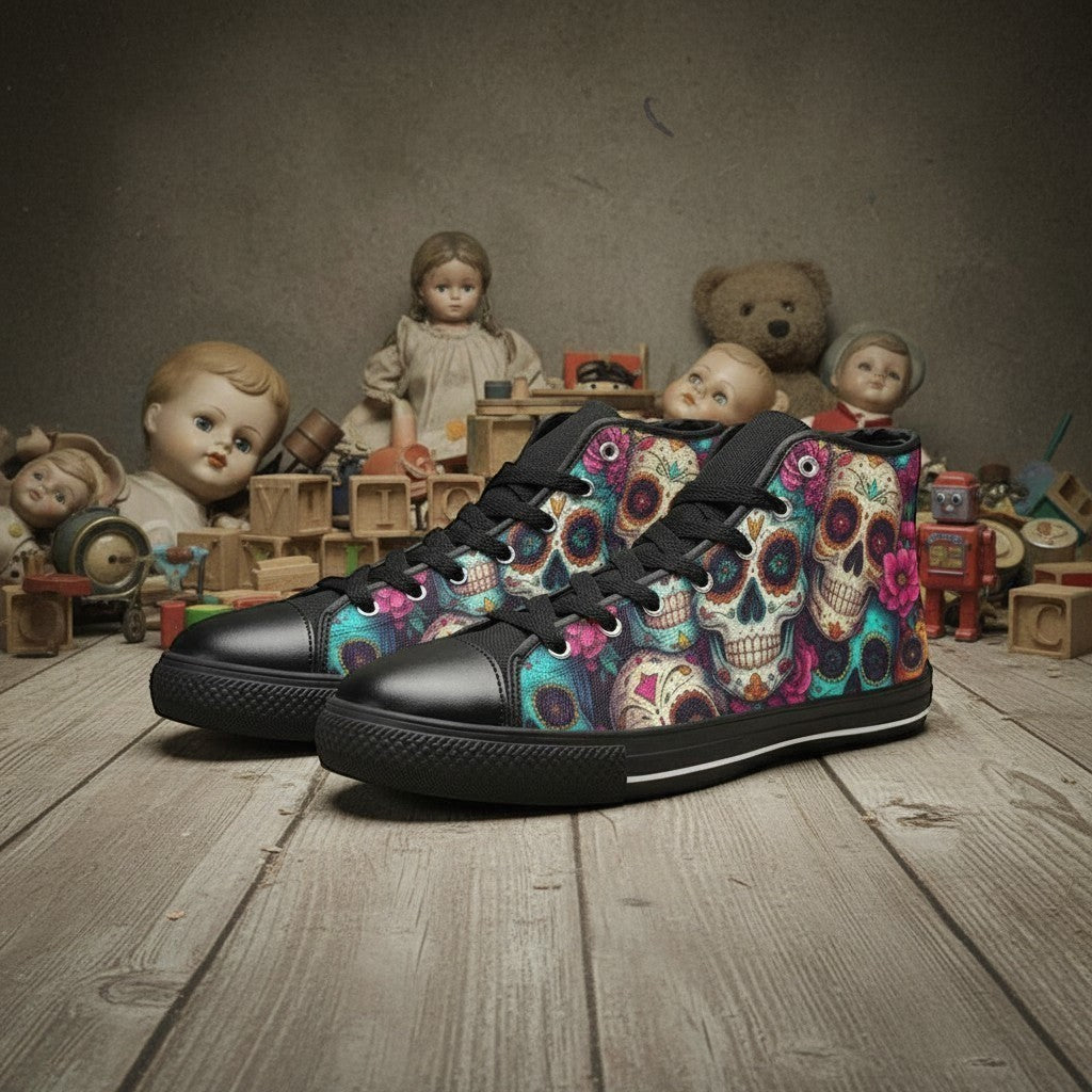 Freaky Shoes® men's high-top canvas sneakers featuring a vibrant, multi-colored sugar skull dark art print.