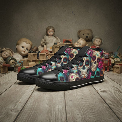 Freaky Shoes® men's high-top canvas sneakers featuring a vibrant, multi-colored sugar skull dark art print.