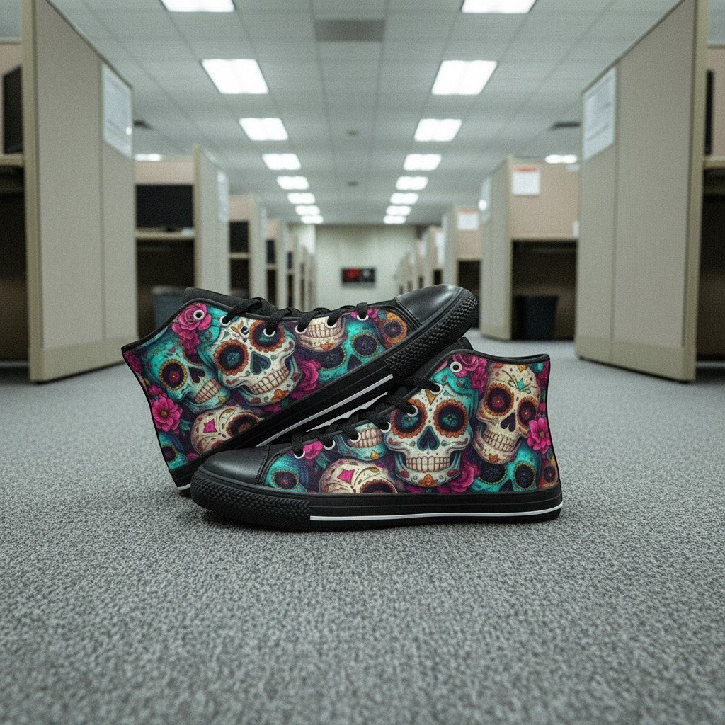 Freaky Shoes® men's high-top canvas sneakers featuring a vibrant, colorful sugar skull dark art print.