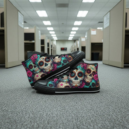 Freaky Shoes® men's high-top canvas sneakers featuring a vibrant, colorful sugar skull dark art print.