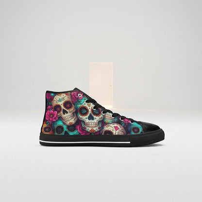 Freaky Shoes® women's high-top canvas sneakers featuring a vibrant sugar skull and floral dark art print.