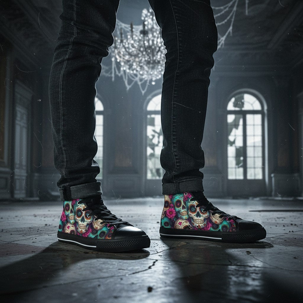 Freaky Shoes® men's high-top canvas sneakers featuring a vibrant, colorful sugar skull dark art print