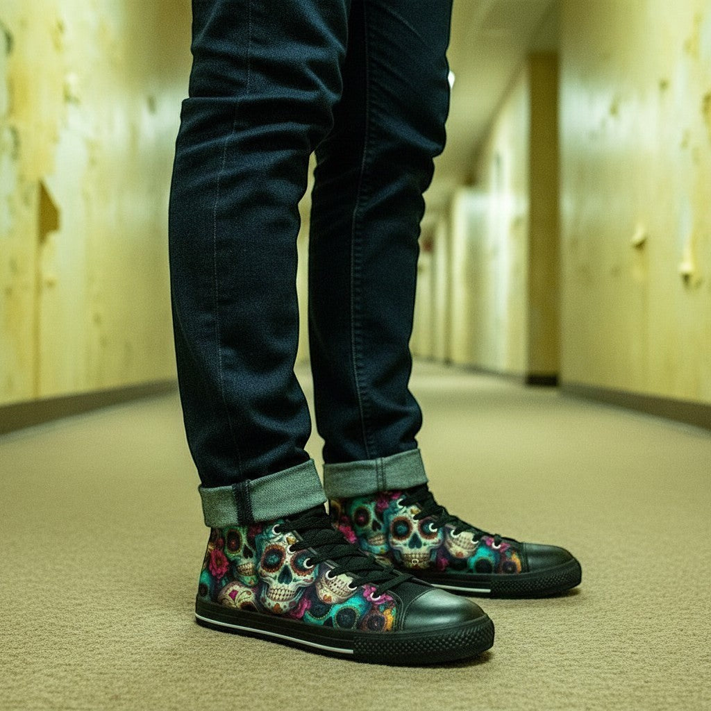 Freaky Shoes® high-top canvas sneakers featuring a vibrant sugar skull dark art print worn with dark denim jeans.