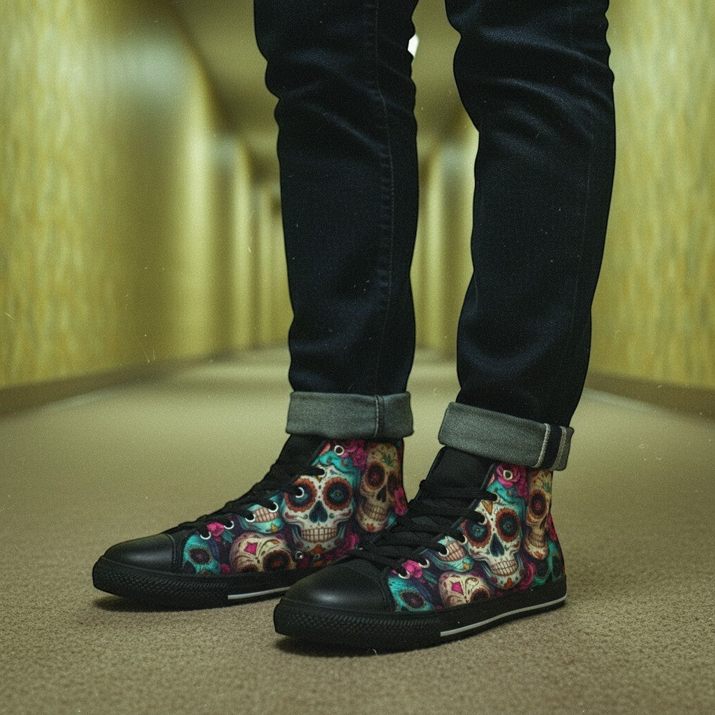 Freaky Shoes® women's high-top canvas sneakers featuring a vibrant, multi-colored sugar skull dark art print.
