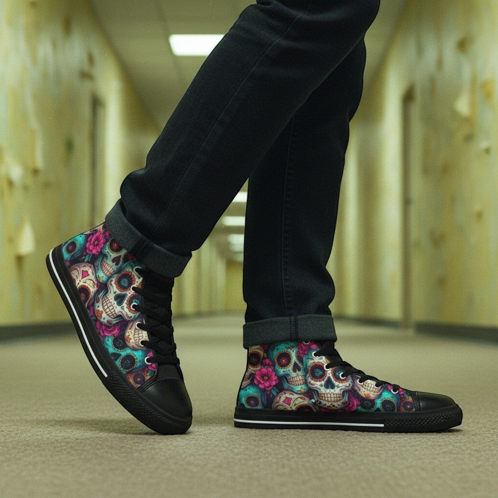 Freaky Shoes® women's high-top canvas sneakers featuring a vibrant sugar skull and floral dark art print.