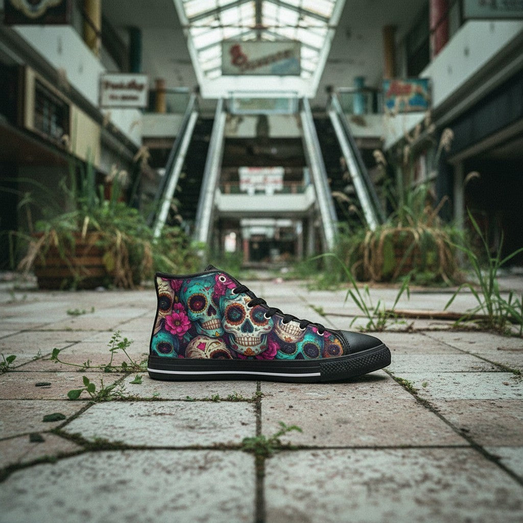 Freaky Shoes® men's high-top canvas sneakers featuring a vibrant, multi-colored sugar skull dark art print.