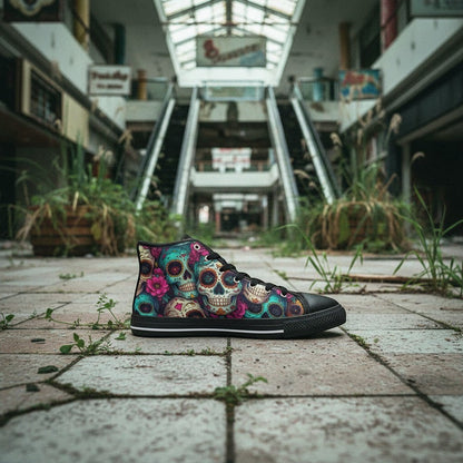Freaky Shoes® men's high-top canvas sneakers featuring a vibrant, multi-colored sugar skull dark art print.