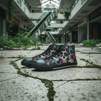 Freaky Shoes® men's high-top canvas sneakers featuring a vibrant, colorful sugar skull dark art print.