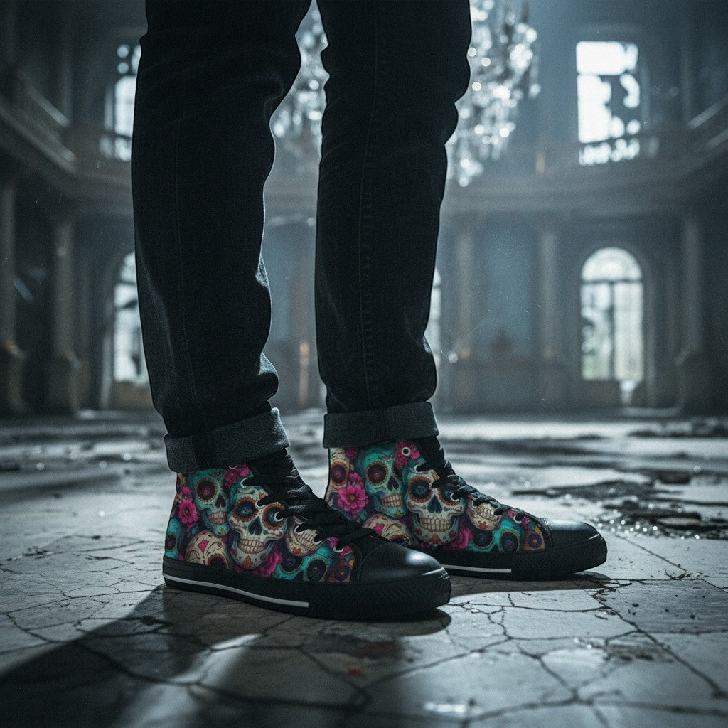 Freaky Shoes® men's high-top canvas sneakers featuring a vibrant, colorful sugar skull dark art print