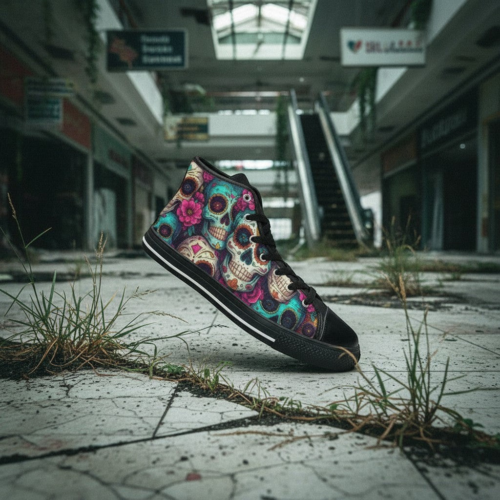 Freaky Shoes® men's high-top canvas sneakers featuring a vibrant, colorful sugar skull dark art print.