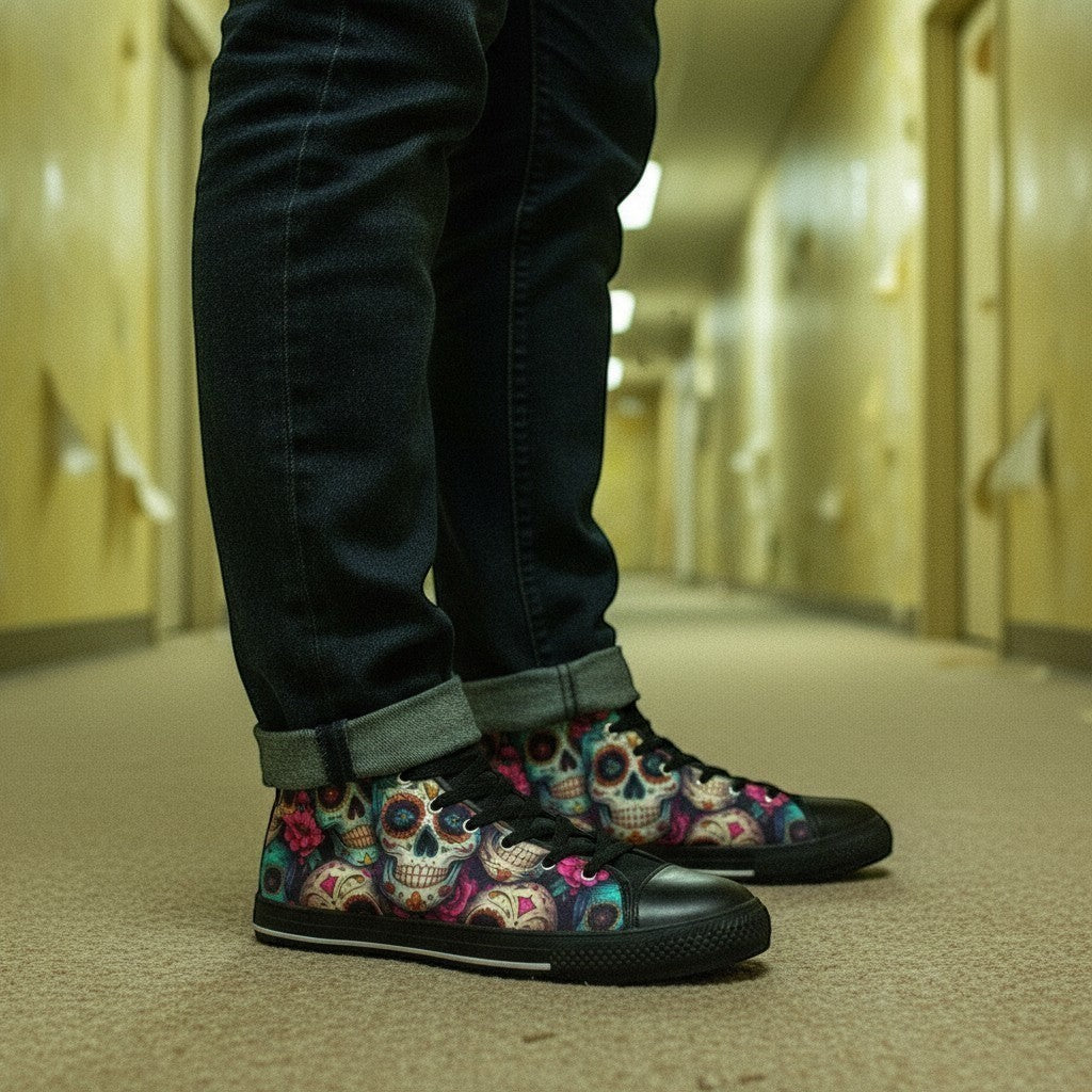 Freaky Shoes® women's high-top canvas sneakers featuring a vibrant, colorful sugar skull art print on a dark background.