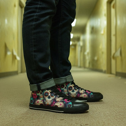 Freaky Shoes® women's high-top canvas sneakers featuring a vibrant, colorful sugar skull art print on a dark background.