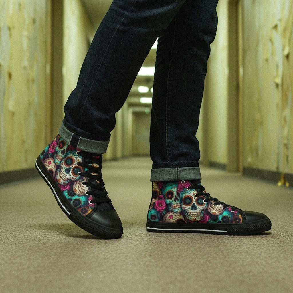 Freaky Shoes® women's high-top canvas sneakers featuring a vibrant, colorful sugar skull dark art print pattern.