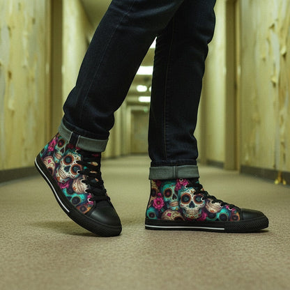 Freaky Shoes® women's high-top canvas sneakers featuring a vibrant, colorful sugar skull dark art print pattern.