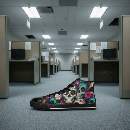 Freaky Shoes® men's high-top canvas sneakers featuring a vibrant, colorful sugar skull dark art print in an office.