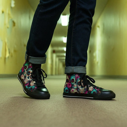 Freaky Shoes® women's high-top canvas sneakers featuring a vibrant, colorful sugar skull dark art print.