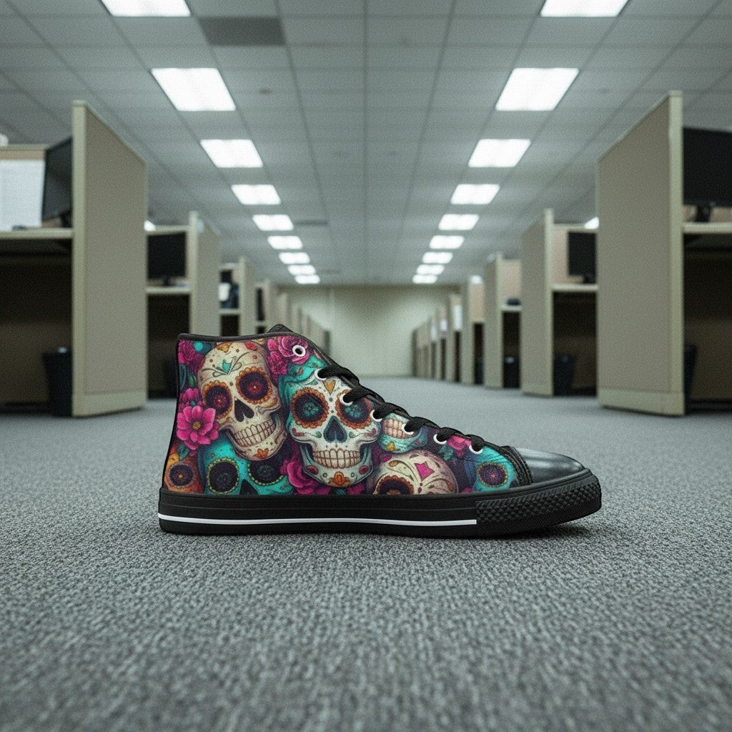 Freaky Shoes® men's high-top canvas sneakers featuring a vibrant, colorful sugar skull and floral dark art print.
