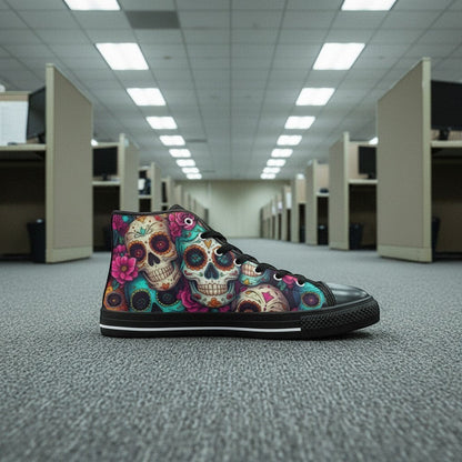 Freaky Shoes® men's high-top canvas sneakers featuring a vibrant, colorful sugar skull and floral dark art print.