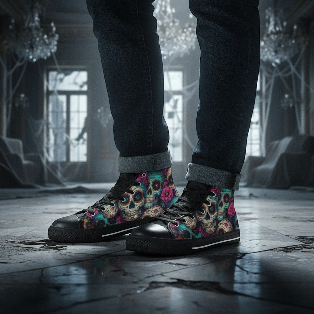 Freaky Shoes® men's high-top canvas sneakers featuring a vibrant, colorful sugar skull dark art print.
