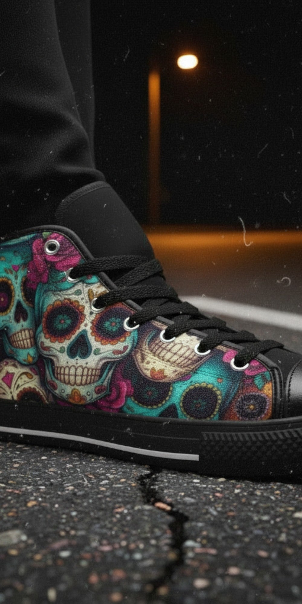Vibrant Gold Sugar Skull Art | Women's High Top Canvas | Freaky Shoes®