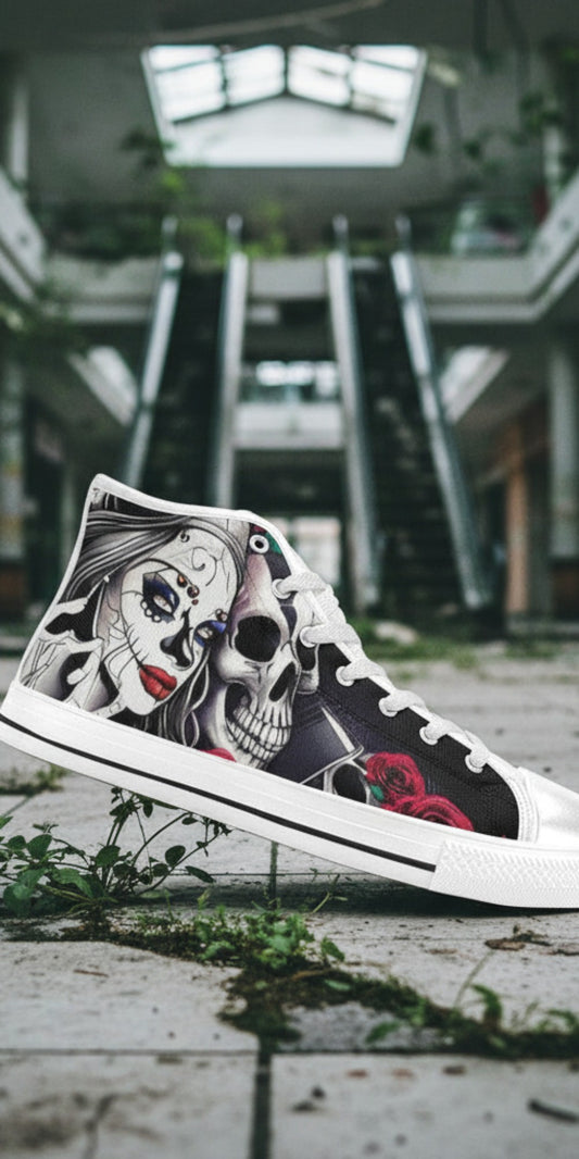Freaky Shoes® high-top sneakers featuring a sugar skull and woman graphic with red roses on a black canvas upper.