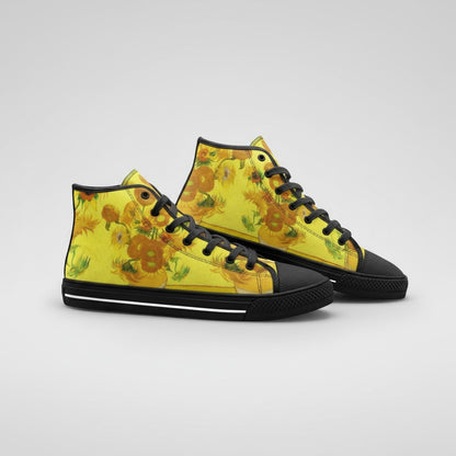 Freaky Shoes® high-top canvas sneakers featuring Vincent Van Gogh Sunflowers art in vibrant yellow and orange tones.