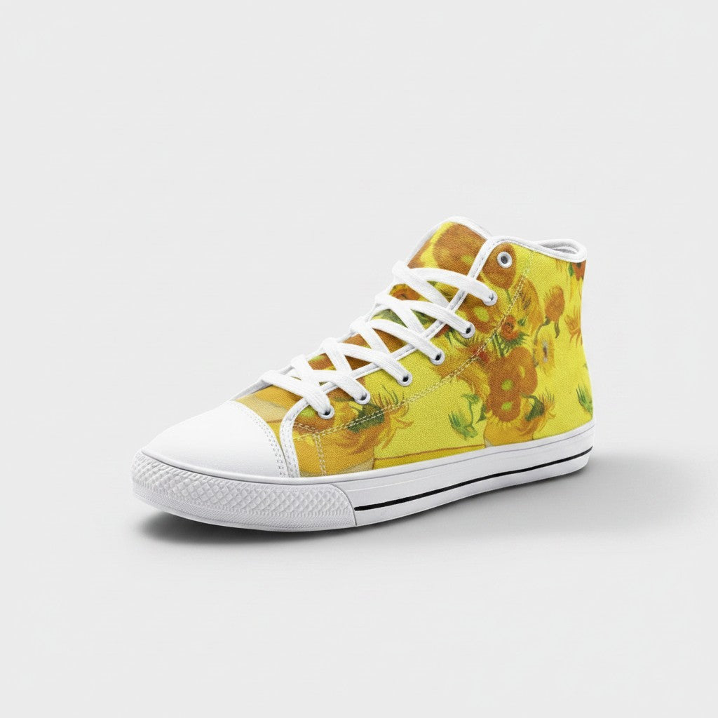 Freaky Shoes® high-top canvas sneakers featuring Vincent Van Gogh Sunflowers art print in vibrant yellow tones.